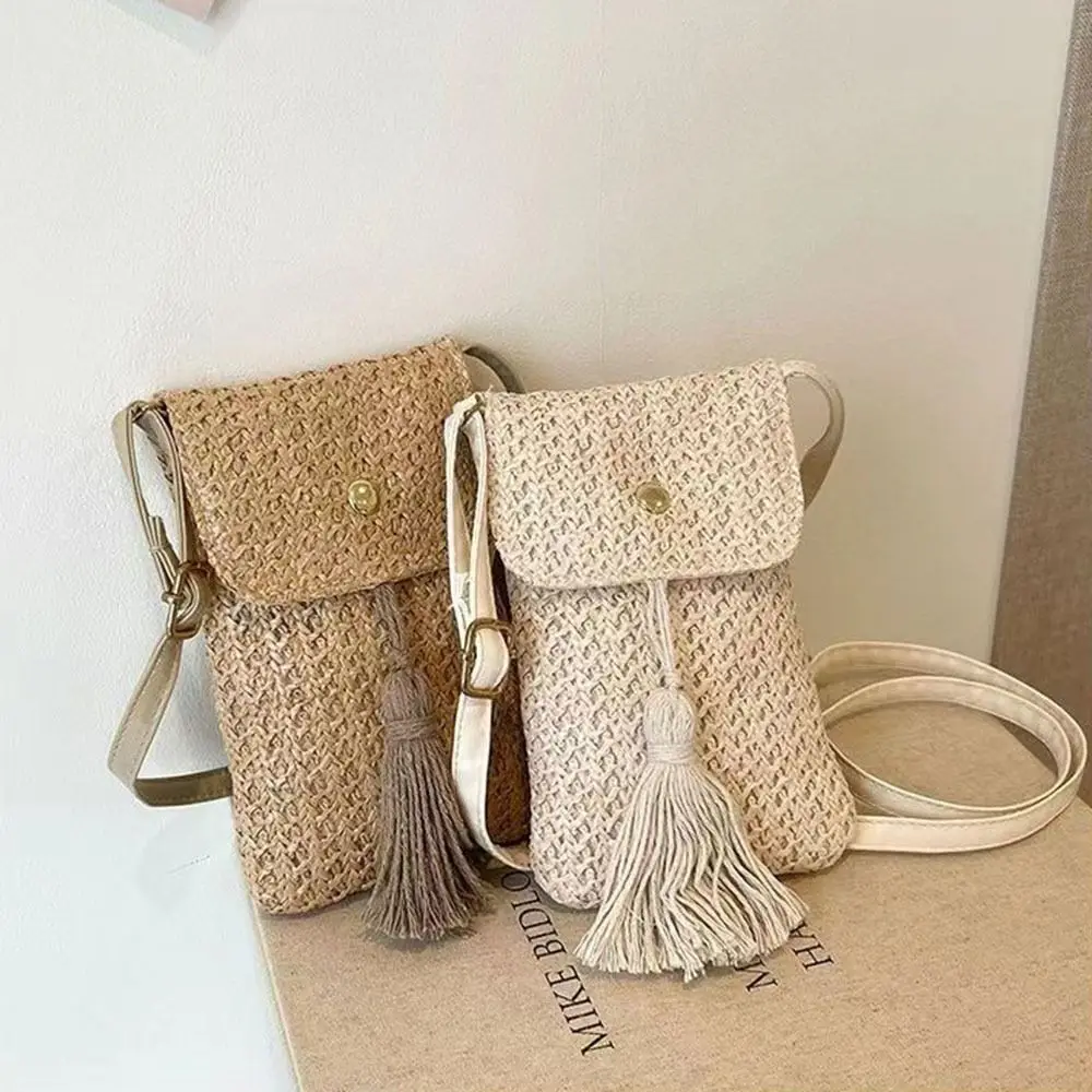 

Fashionable Braided Women Straw Beach Bag Mini Bohemian Style Crossbody Bag Mobile Phone Bag for Lady Girl
