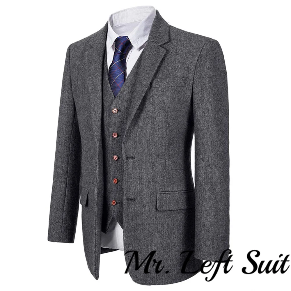 Herringbone Wool 3 Piece Suit For Men High Quality Custom Suit Men Tweed Suit Vintage Men Tweed Jacket Set (Jacket+Vest+Pants)