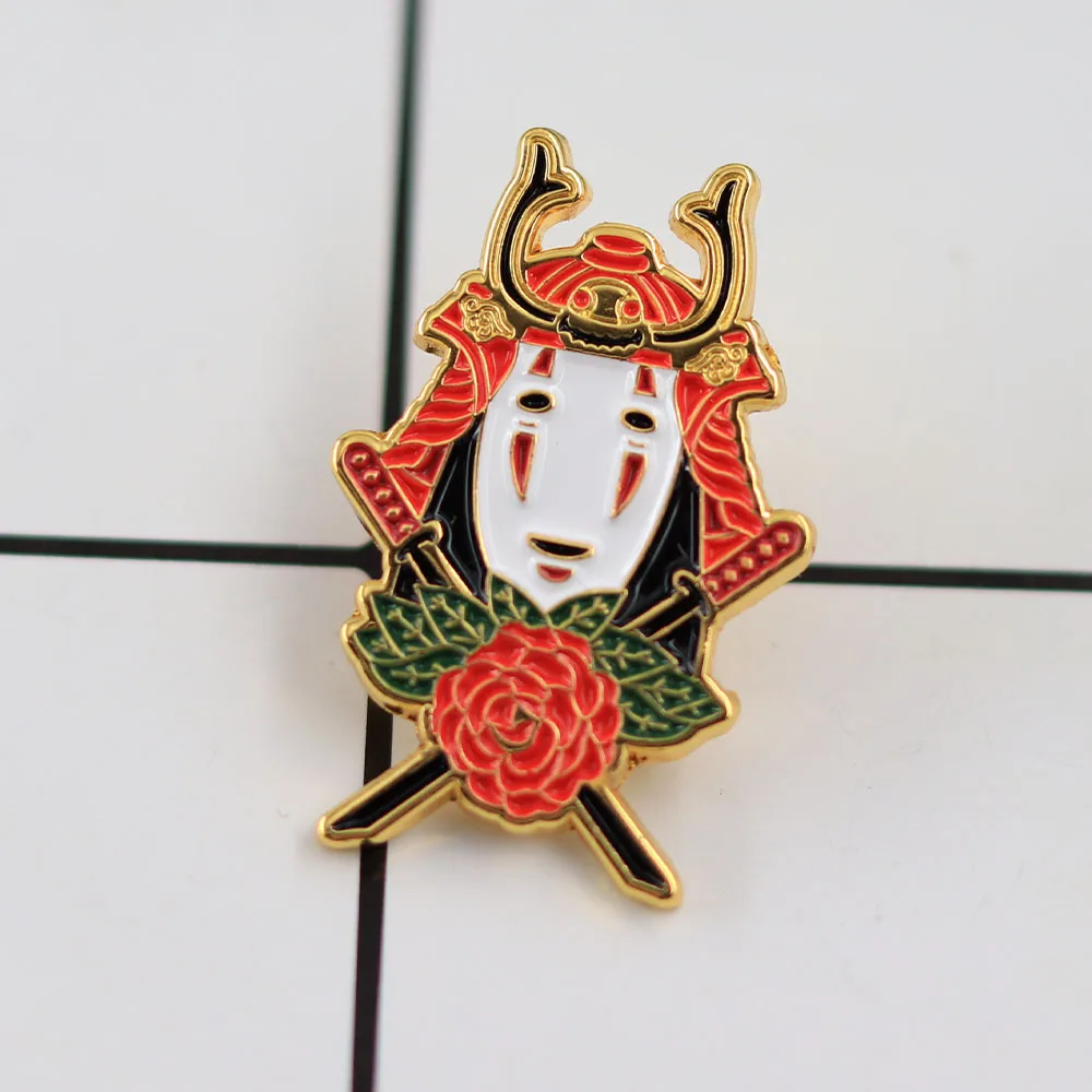 Faceless Samurai Mask Enamel Brooch Japanese Crossed Swords And Roses Brooch Unique Accessories Anime Gifts Collection