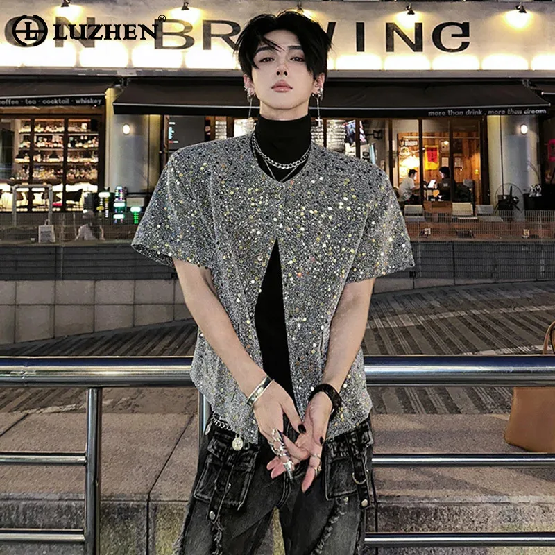 

LUZHEN 2025 Summer New Niche Sequin Patchwork Decorate Short Sleeve Blazer Shirts Men's Fashion Handsome Casual Clothes JY3277