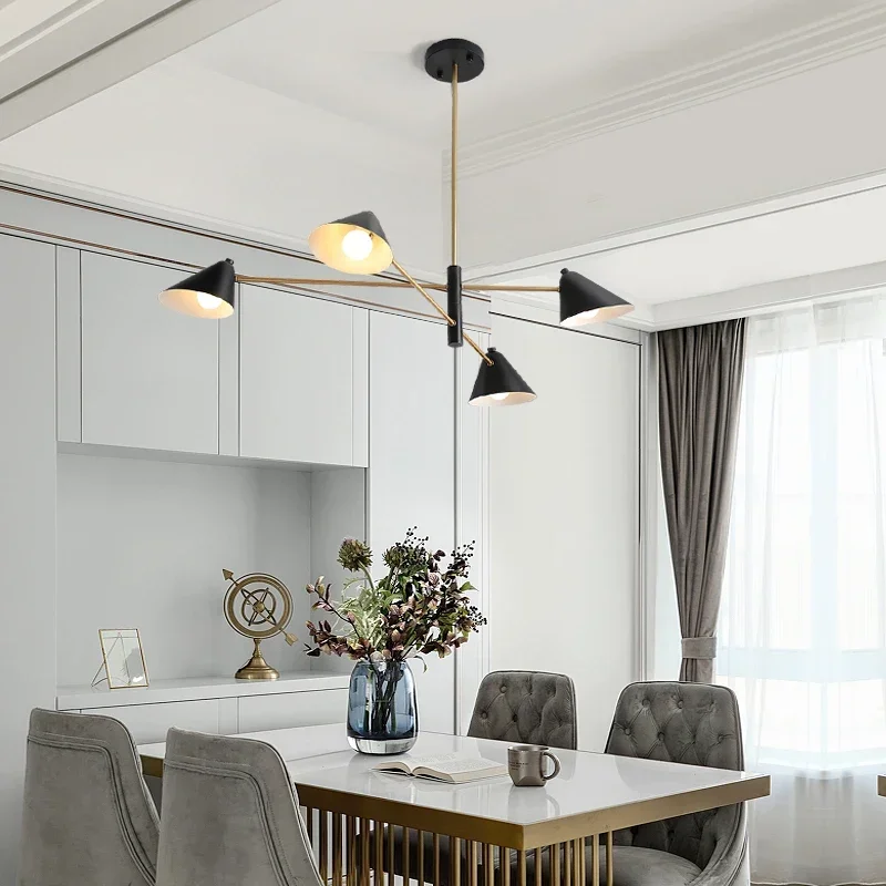 Post Modern Long Pole Chandeliers Black Taper Wrought Iron Pendant Light Nordic Living Room Bedroom Restaurant LED Hanging Lamp