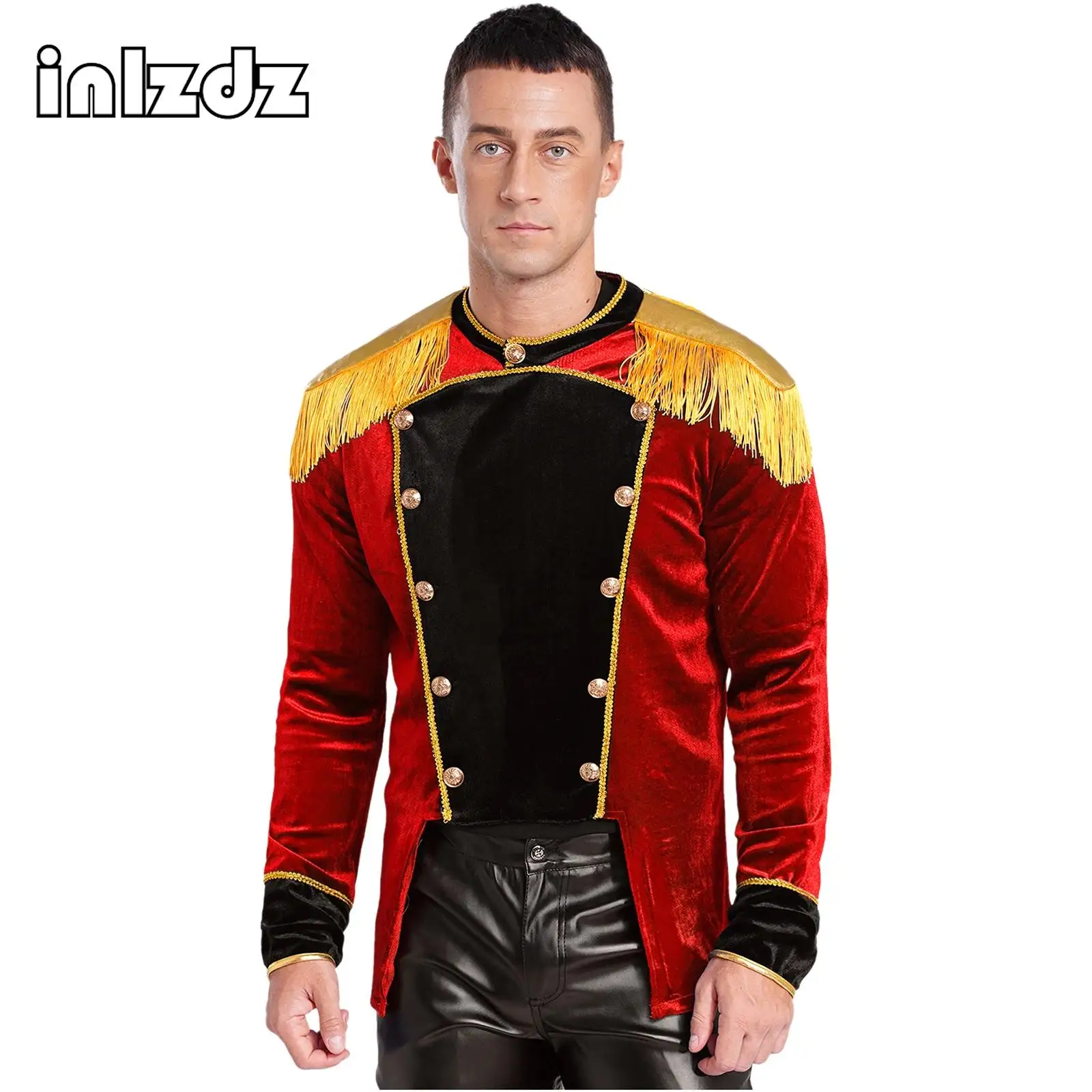 

Mens Circus Ringmaster Cosplay Showman Costume Long Sleeve Fringed Shoulder Master Jacket Halloween Lion Tamer Tailcoat Outfits