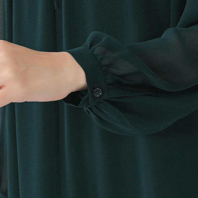 Voa malaquita verde dupla camada georgette amoreira gravata meia gola aberta lanterna manga longa solto vestido de seda casual ae1670