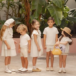 AP Santorini Stripe Collection SS26 Girls Ruffles Sleeve Dress Baby Kids Set V-neck Knit Top Brothers Sisters Family Matching