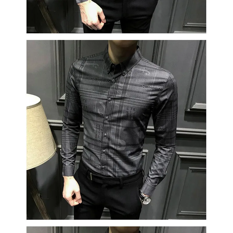 Autumn KPOP Fashion Style Harajuku Slim Fit Tops Korean Style All Match Ropa Hombre Pointed Collar Printed Long Sleeve Blusa