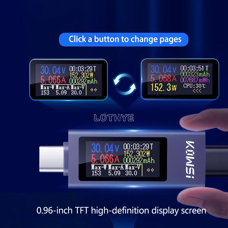 Multi-function Intelligent Digital Display DC Voltage Ammeter Power Meter Type-c Cell Phone Charging Tester DC 4-30V 0-12A