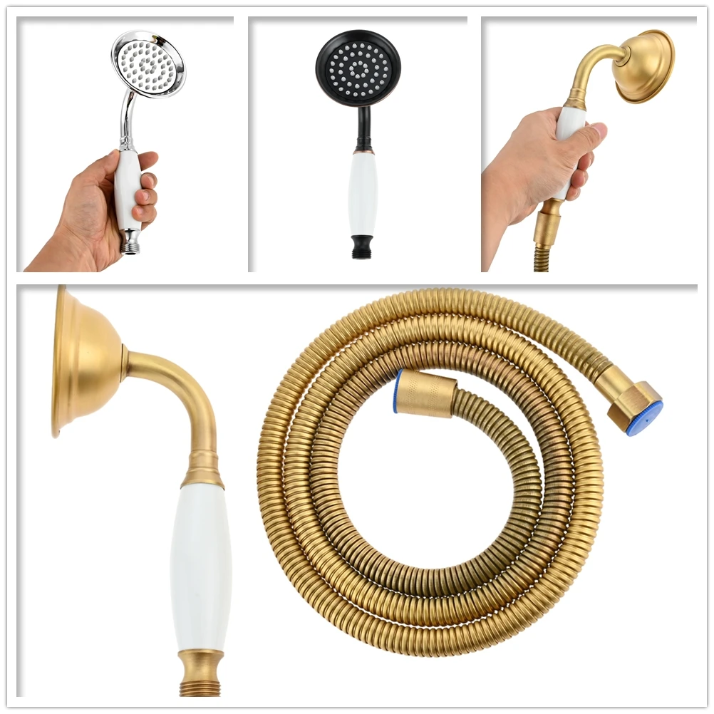 2pcs/set Retro Handheld Shower Head + 1.5m Hose Stainless Steel Sprayer Vintage Ceramic Handle Classic Victoria Style G1/2 DN15