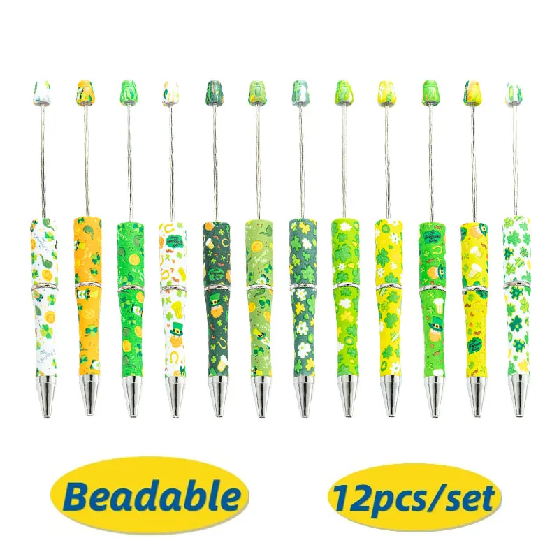 

12pcs DIY Four-leaf Clover Series Plastic Beaded Pens Office Writing Advertising Gifts Printed Beaded Ballpoint Pens