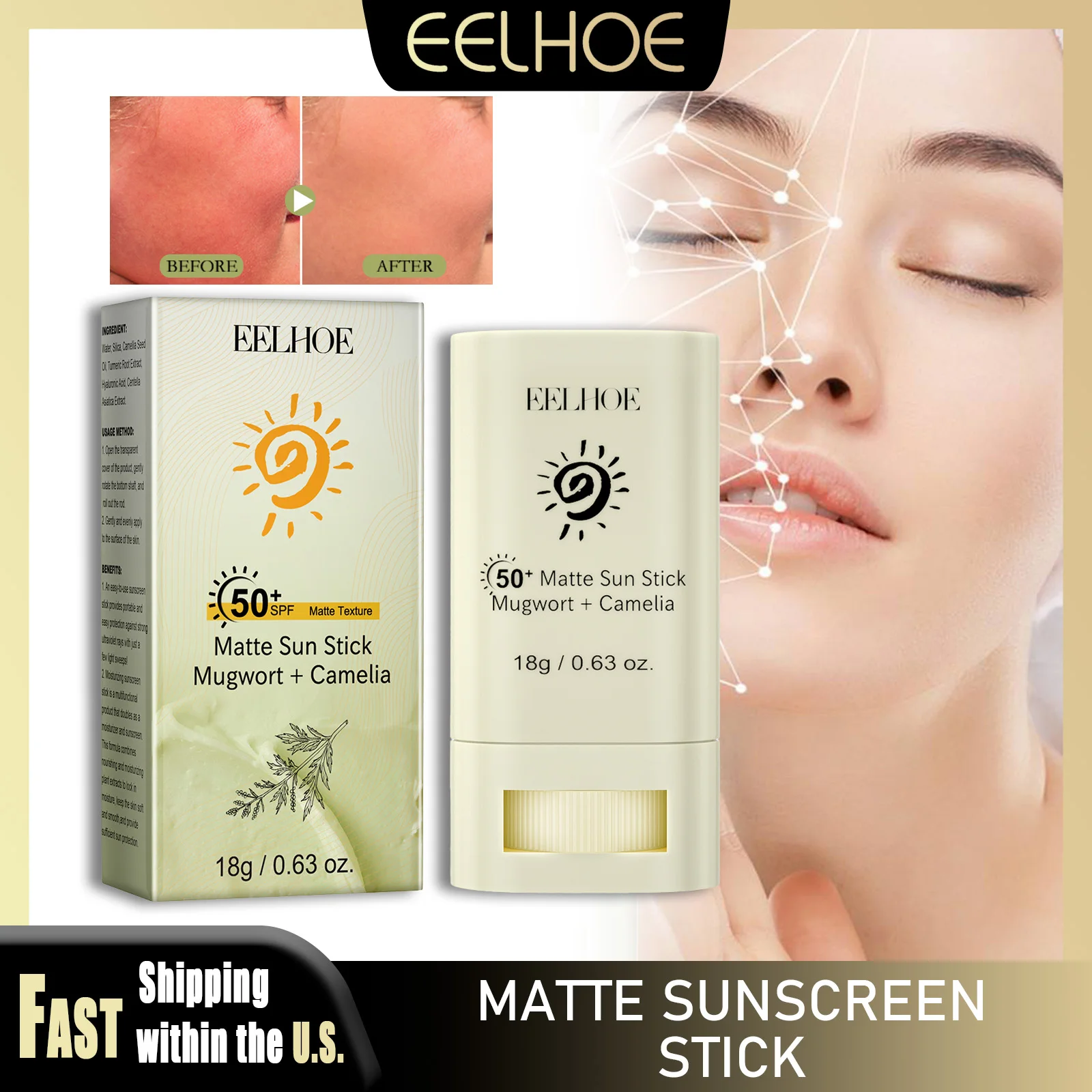 

EELHOE Facial Sunscreen Cream Stick 18g SPF 50 Lightweight Anti-UV Long-lasting Moisturizing Protection Skin Korean Body Care