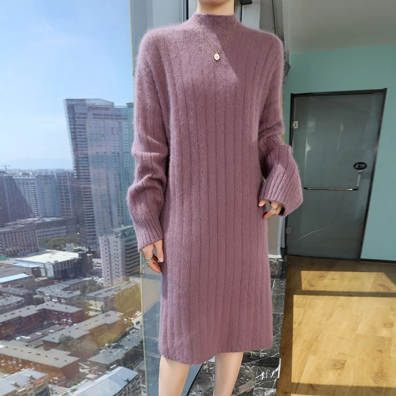 

Ladies' 100% mink cashmere O-neck sweater with dress, solid color knitted casual loose long sleeved women's pullover dress NEW