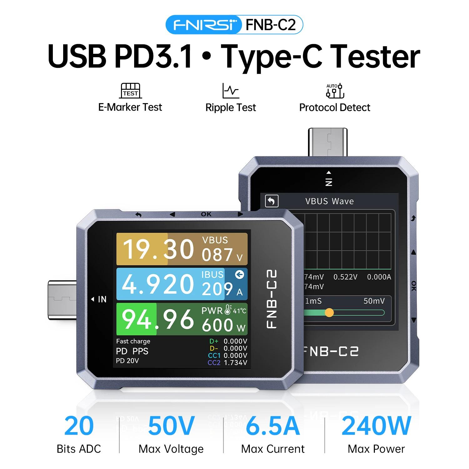 FNIRSI FNB-C2 Type-C Power Meter – 240W PD3.1 & QC5.0 Fast Charging Analyzer for Power Banks, USB Chargers  &Smartphones