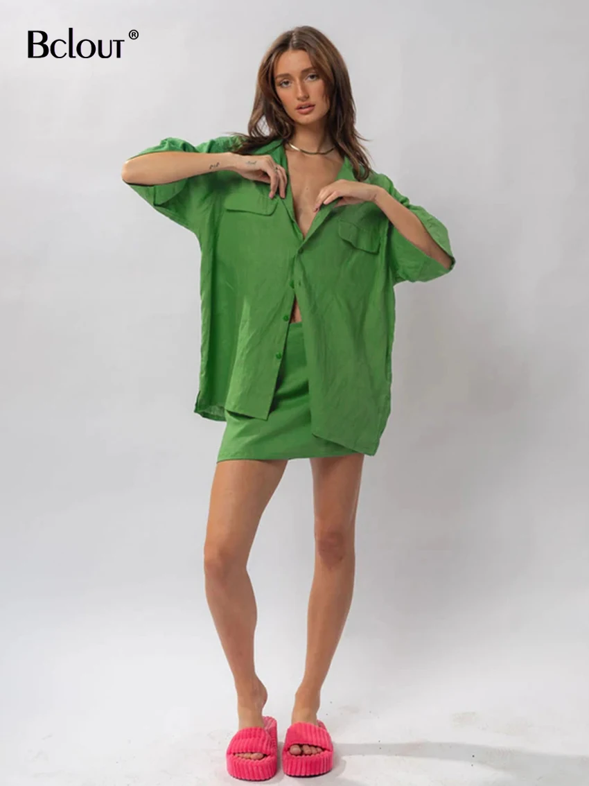 Bclout Linen Dress Suits Women Summer Short Sleeve Solid Loose Shirts Vacation Orange Cotton Mini Skirt Sets 2 Pieces Woman 2022