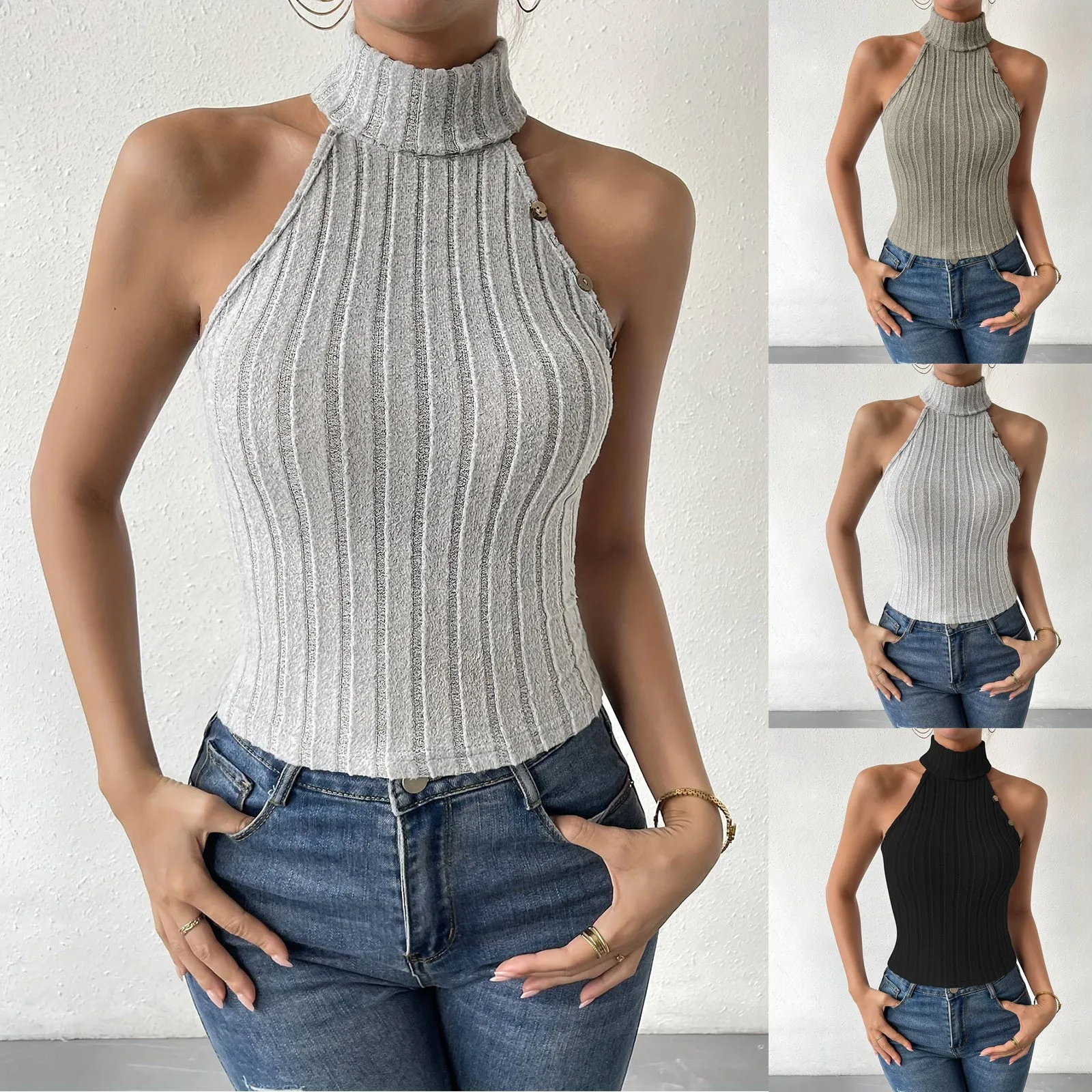 Fashion Knit Sleeveless Halter Tops For Women Basics Solid Slim Fitted Womens Turtleneck Ribbed Vest Y2k High Neck Tank Tops