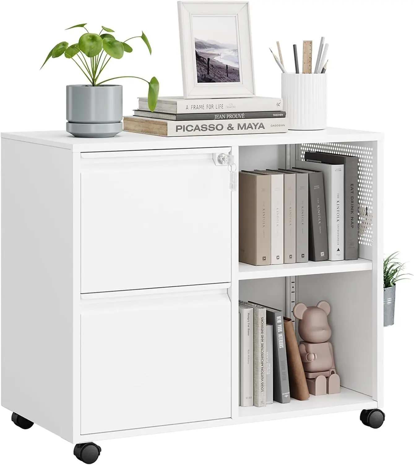 2 Drawer File Cabinet with Lock, Metal Rolling Printer Stand Filing Cabinets with Drawers for Home Office,A4, Letter Size File F