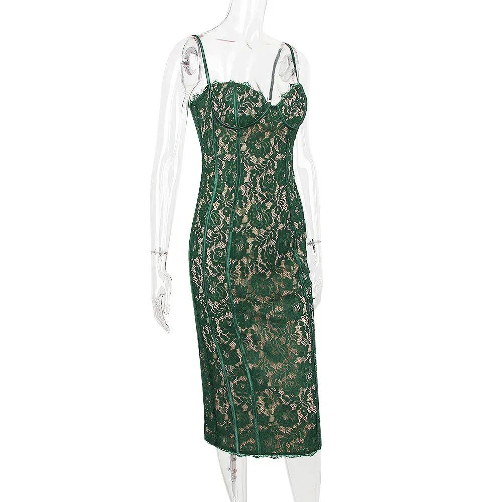 Sommer Langes Elegantes Kleid Für Formelle Anlässe Grün Spaghettiträger Sexy Spitzenkleid Vintage Geburtstagsparty Kleider 2025