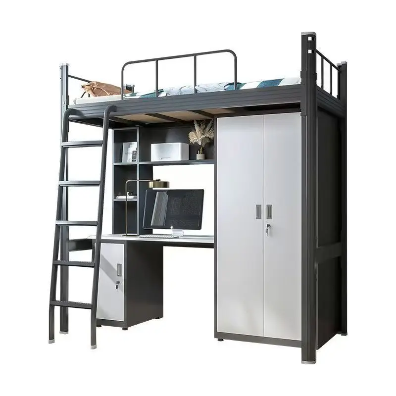 Modern Dormitory Bunk Bed Steel Loft Full Bunk Beds With Adjustable Stair And Portable Wardrobe