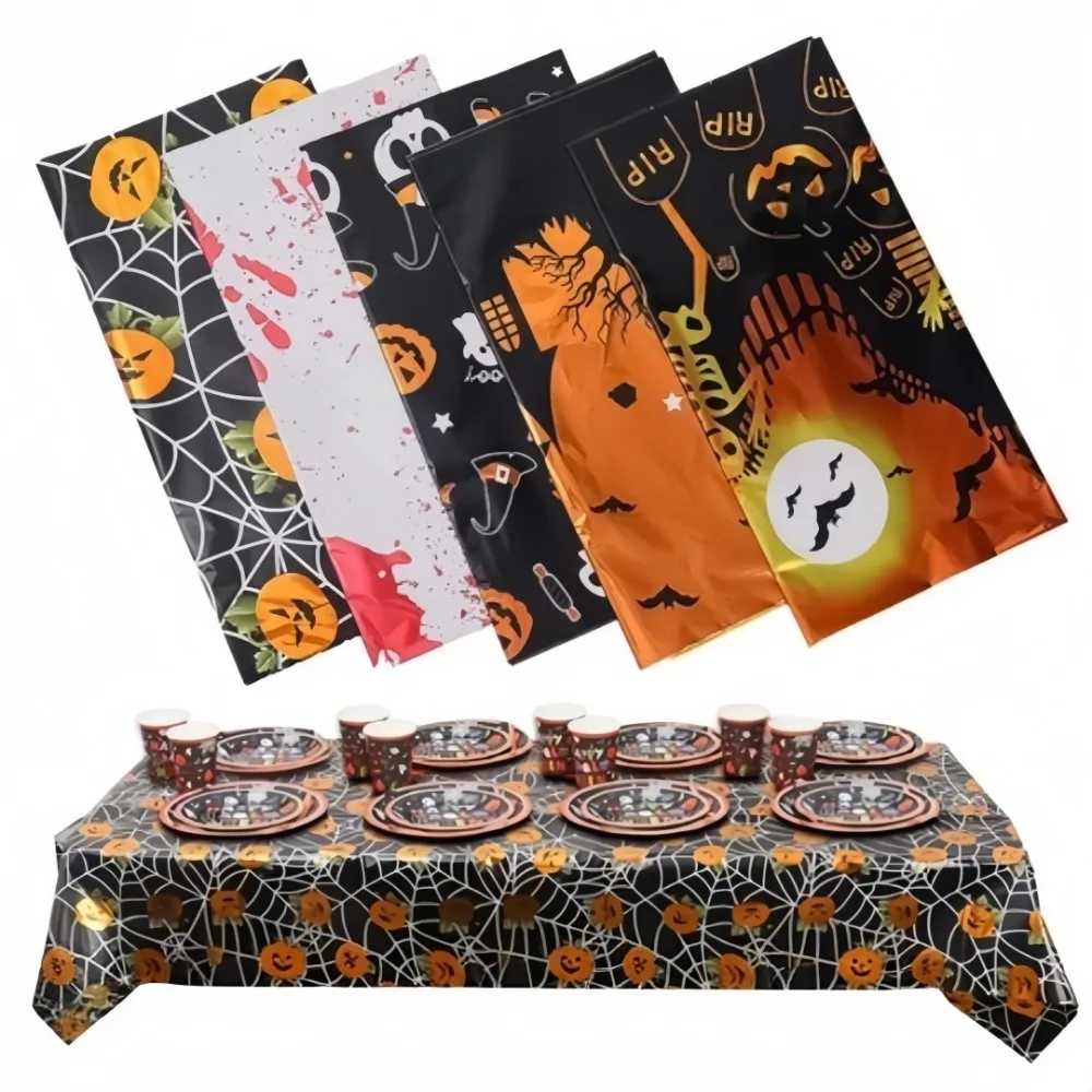Halloween Decoration Aluminum Film Tablecloth Disposable Skull Pumpkin Ghost Bat Table Cover Halloween Party Home Table Decor