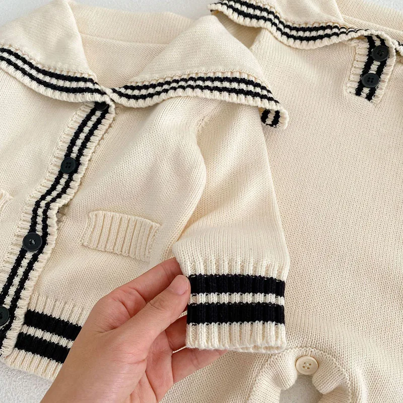 2023 Spring Baby Rompers Sailor Collar Infant Knit Jumpsuits Brief Girls Outfit baby boy party wear ropa orange romper