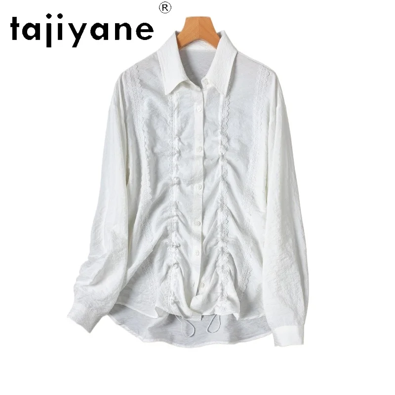 TAJIYANE 76% Mulberry Silk Shirt Women Blusa Lace Drawstring White Blouse Summer Tops for Woman Long‑Sleeve Cardigan 2026 블라우스
