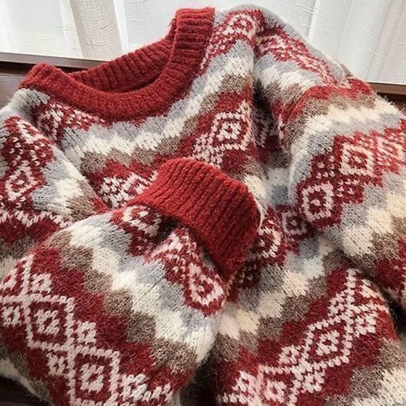 Oversized Geometric Sweater Women Vinatge Loose Round Neck Knitted Pullover All-Match Long Sleeeve Knitwear Top Plus Size Winter
