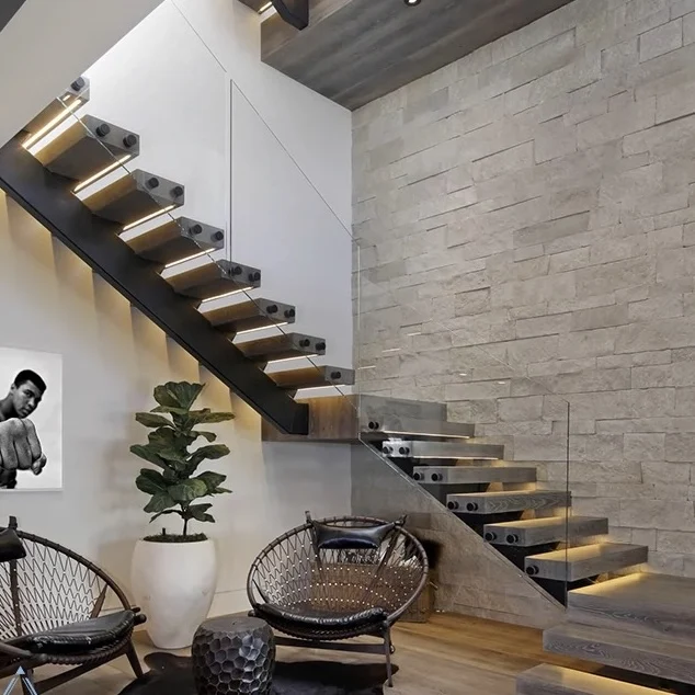 Personalizzazione del battistrada in legno Scala galleggiante moderna Design delle scale Scale galleggianti solide per interni decorative americane moderne