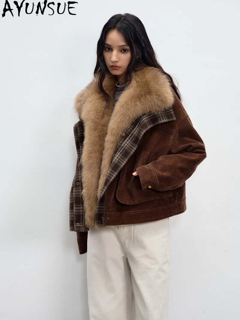 AYUNSUE Womens Real Fox Fur Collar Parka 90% White Goose Down Coat Female Warm Winter Clothing Short Length Chamarras Para Mujer