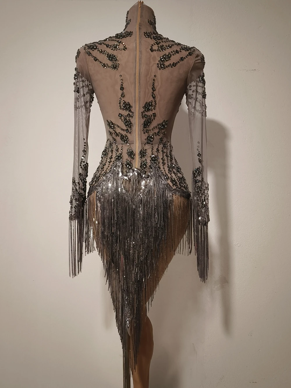 Sexy Mesh Transparent Performance Dance Costume Stage Wear Sparkly Rhinestones Sequins Tassels Birthday Celebrate Evening Dress