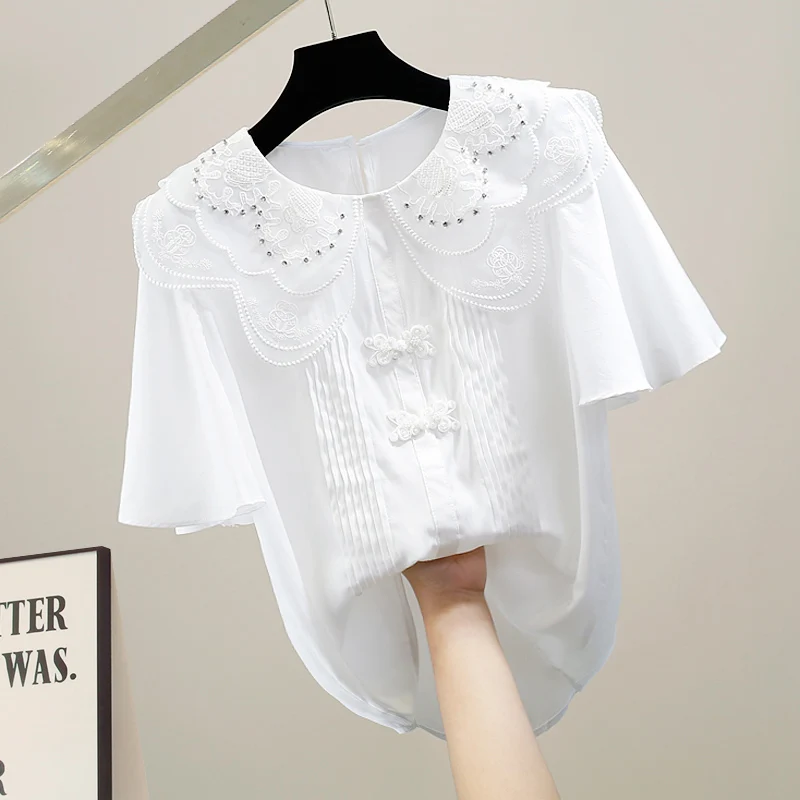 

High-End Handmade Beaded European Tulle Double Layered ort Sve Overhead Design Sense Button Collar Doll irt