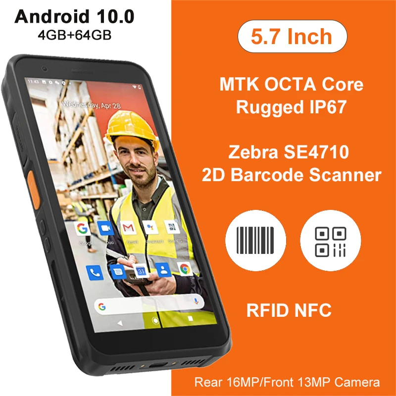 Dispositivo industrial inalámbrico del lector Rfid del escáner del código de barras del PDA Android 10 1D 2D QR resistente