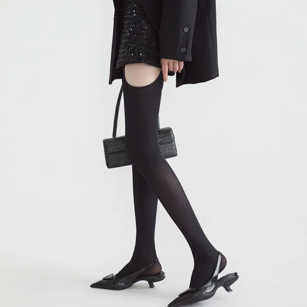 Elegant Hollowed-out Women Pantyhose Lolita JK Wide-banded Thin Tights Spicy Girls Style Stockings with Garters Women