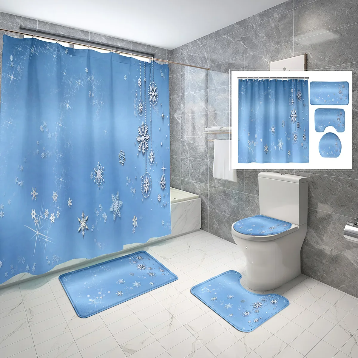 4 Pcs Snowflake Shower Curtain Set Winter Snow Style Blue Background Non-slip Bath Mat Toilet Lid Waterproof Shower Curtain Set