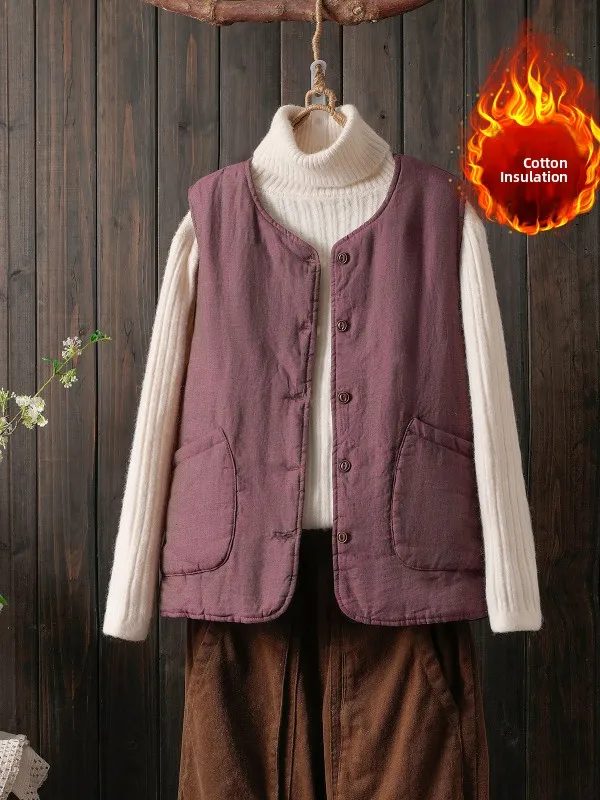 

Pure Color Simple Cotton Linen Filled Vest Large Size Women's Single Button Double ket Svel Versatile oulder Open ...