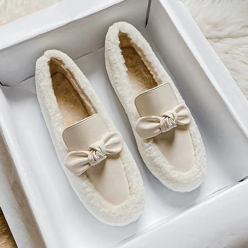 Winter White Wool Shoes Woman Sheep Fur Flats Bowknot Mocasines Plush Cotton Snow Boots Femme Hiver Lambswool Loafers