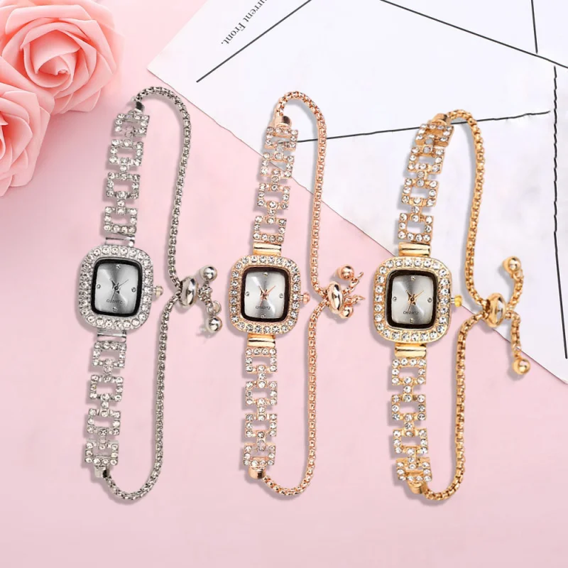 นาฬิกาแฟชั่นผู้หญิงเกาหลี Rhinestone Square นาฬิกาขนาดกะทัดรัด Temperamental ดึงสร้อยข้อมือ Casual นักเรียนนาฬิกาควอตซ์