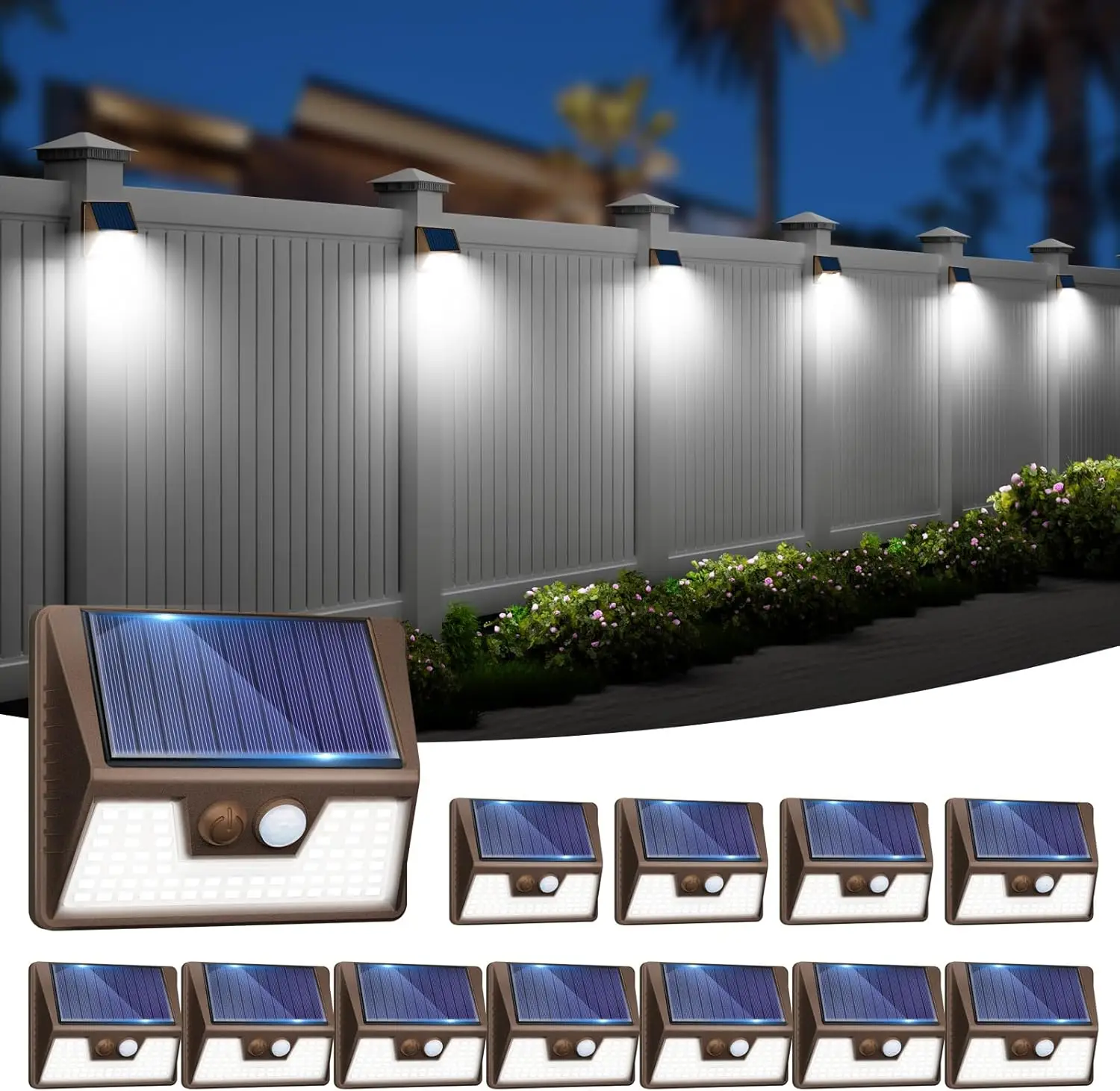 

12 Pack Solar Fence Lights, Waterproof Motion Sensor Outdoor LED Lamps for Yard Steps Garden - Brown