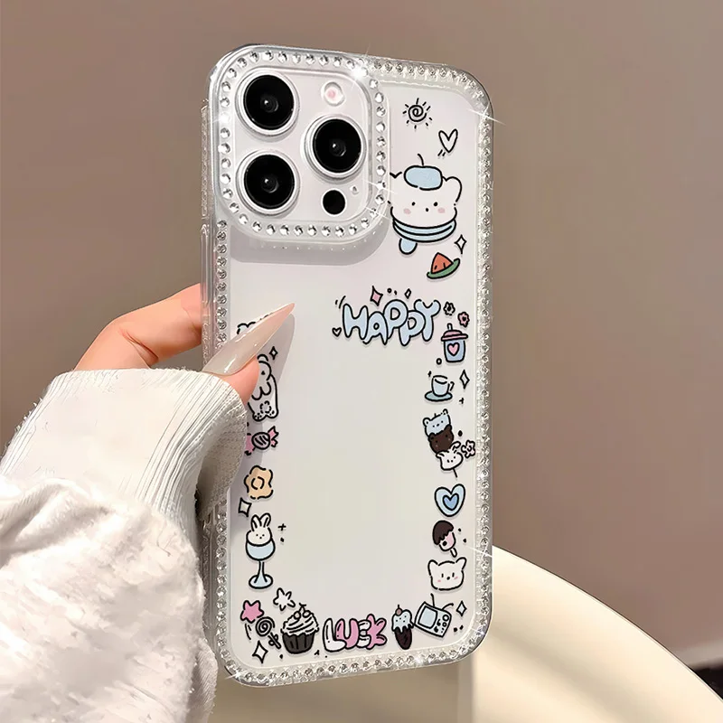 Funda de teléfono con bonitos dibujos de animales para iPhone 17 14 15 13 11 12 16 Pro Max 17 Air Bling Glitter a prueba de golpes Funda transparente suave