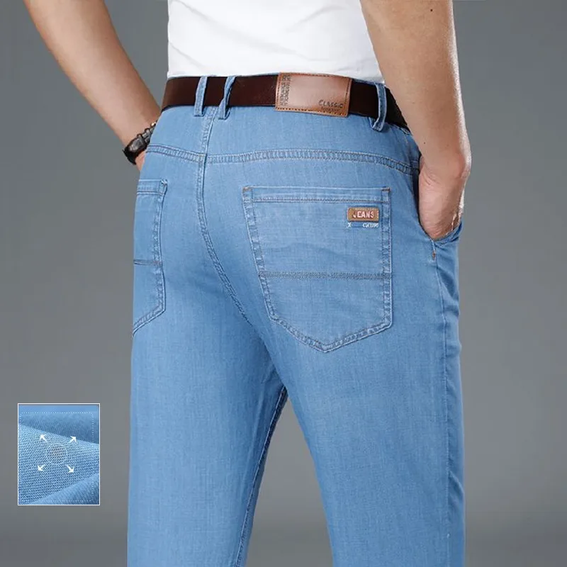 

Мужские тонкие деловые джинсы: модные прямые классические брюки из денима с эффектом ледяного шелка, дышащие, удобные