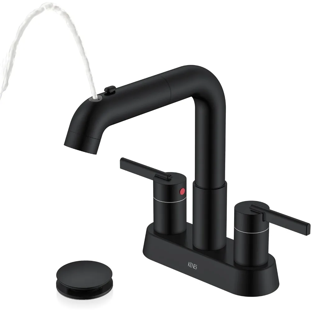 

Matte Black 4-Inch Centerset 3-Hole Faucet, 2-Handle Pull-Down/Pull-Out Sprayer, Pop-Up Drain & Lines, LJ-9059A-2
