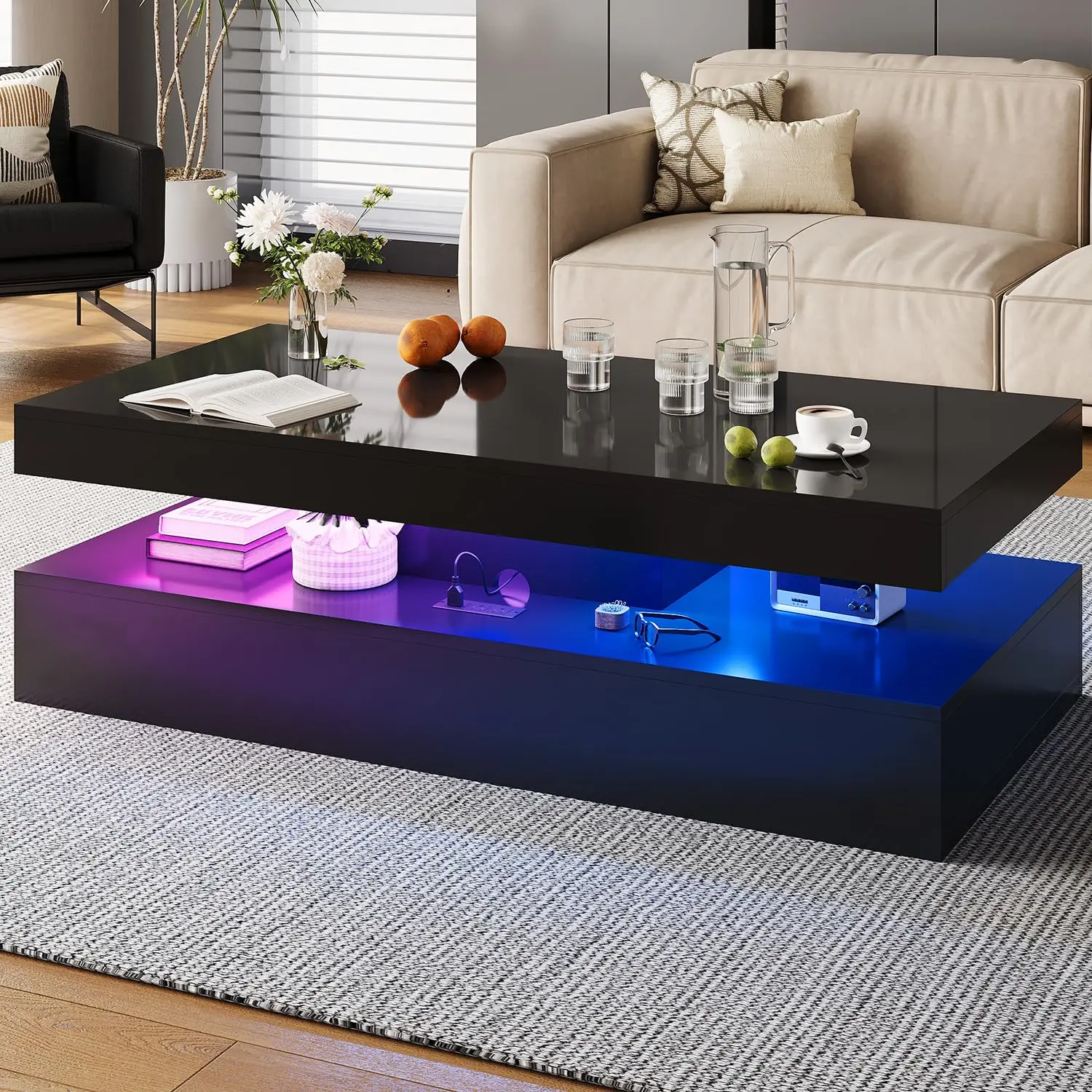 

47” High-Glossy LED Coffee Table With 2 Sliding Drawers, Living Room Storage Coffee Tables, Modern Stylish, Customized