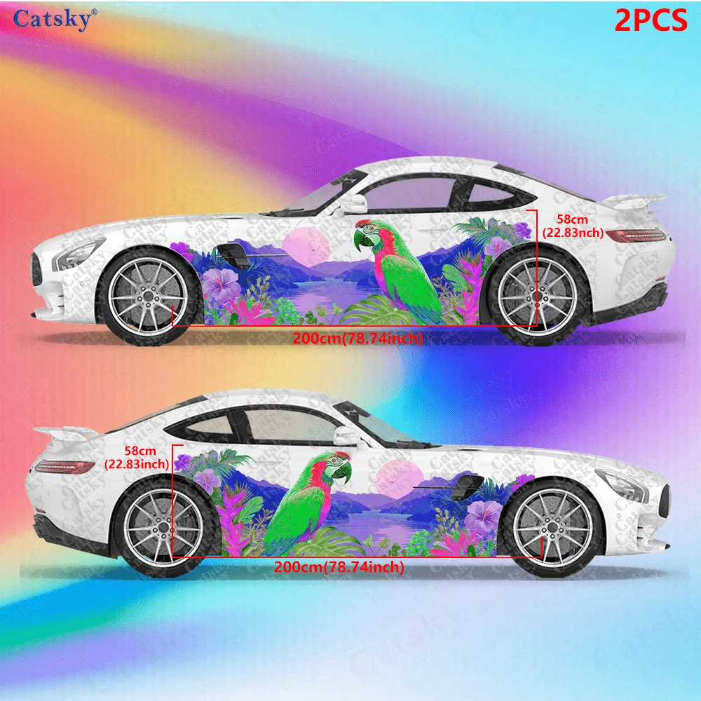 2pcs Dreamy Landscape Sunrise Parrot Car Side Wrap, Self-Adhesive PVC Waterproof & Scratch-Resistant Sticker, Car Accessory Gift
