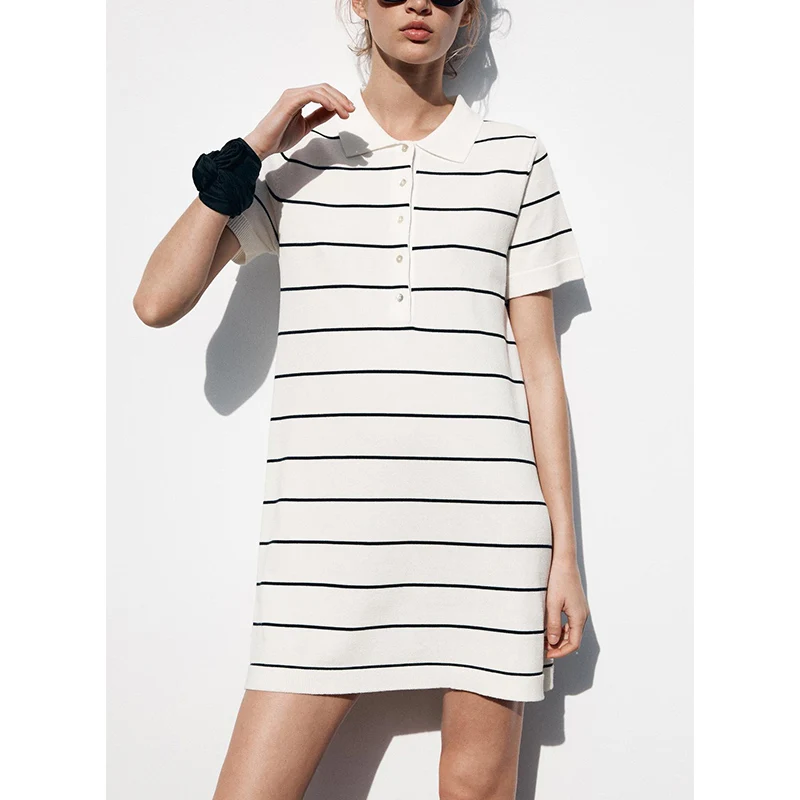夏の新作 レディース カレッジ風 ボタン飾り ストライプ柄 ニット 半袖 ポロ襟 ミニワンピース カジュアル Aライン ポリエステル