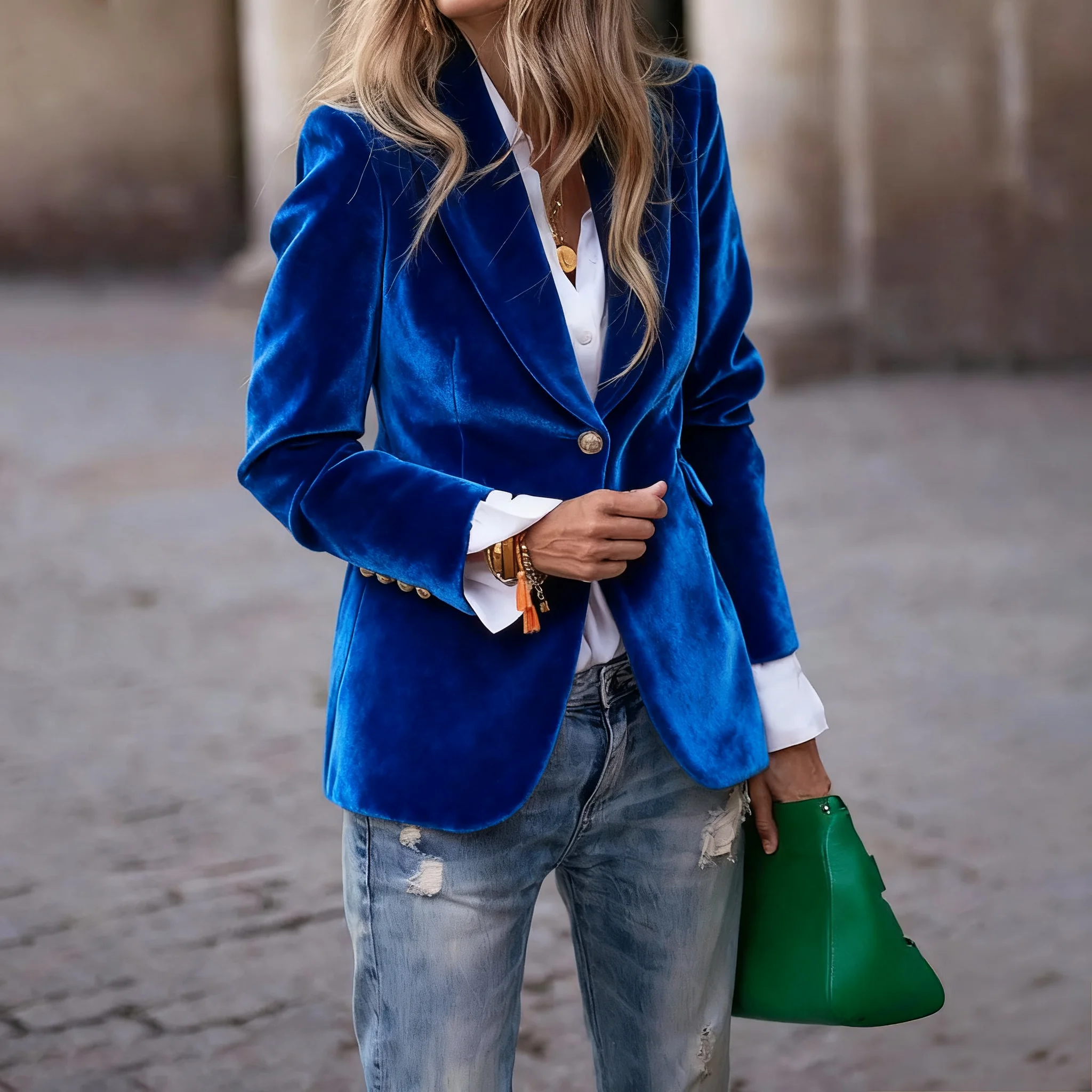 Autumn and winter new European and American gold velvet, elegant, slim, fake pockets