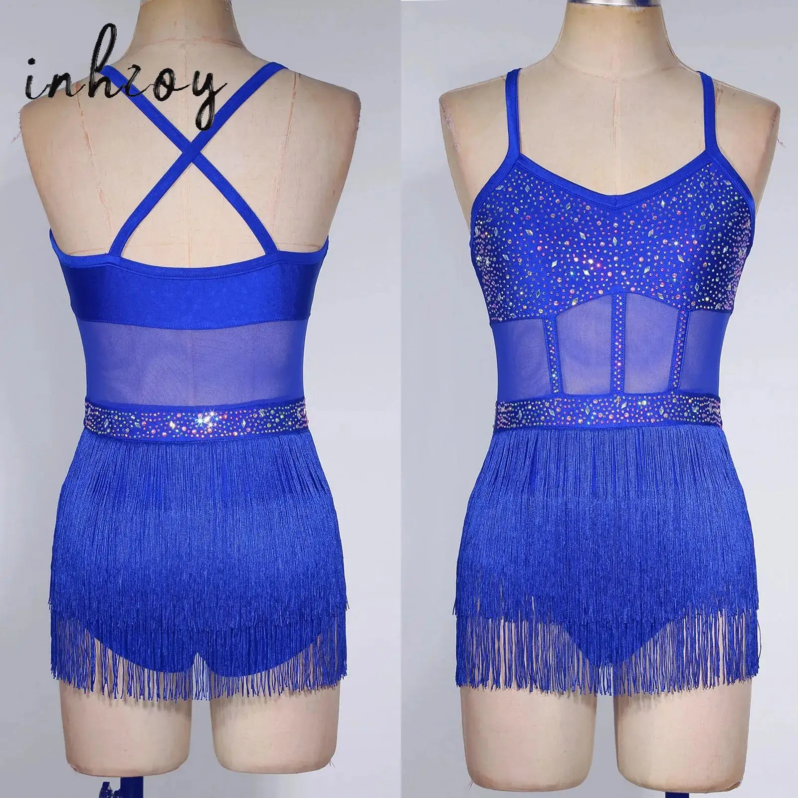 

Womens Latin Dance Competition Clothing Sleeveless Tassel Leotard Dress Cha-Cha Rumba Dance Performance Practice Training Wear