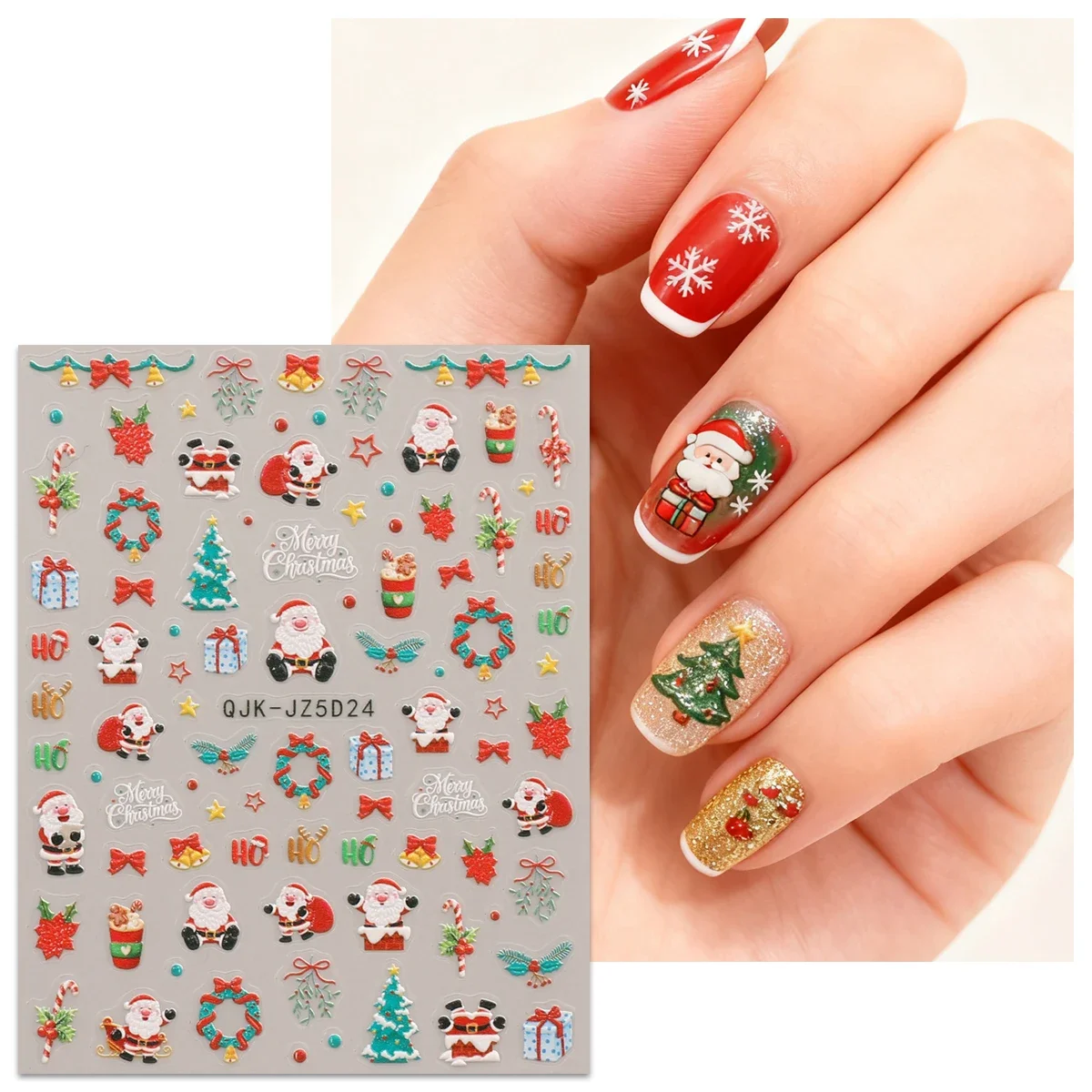 

1pc Gold Stamped Christmas Tree Snowflake 3D Self Adhesive Nail Art Stickers Santa Claus Elk Xmas Cartoon Cute Manicure Decals