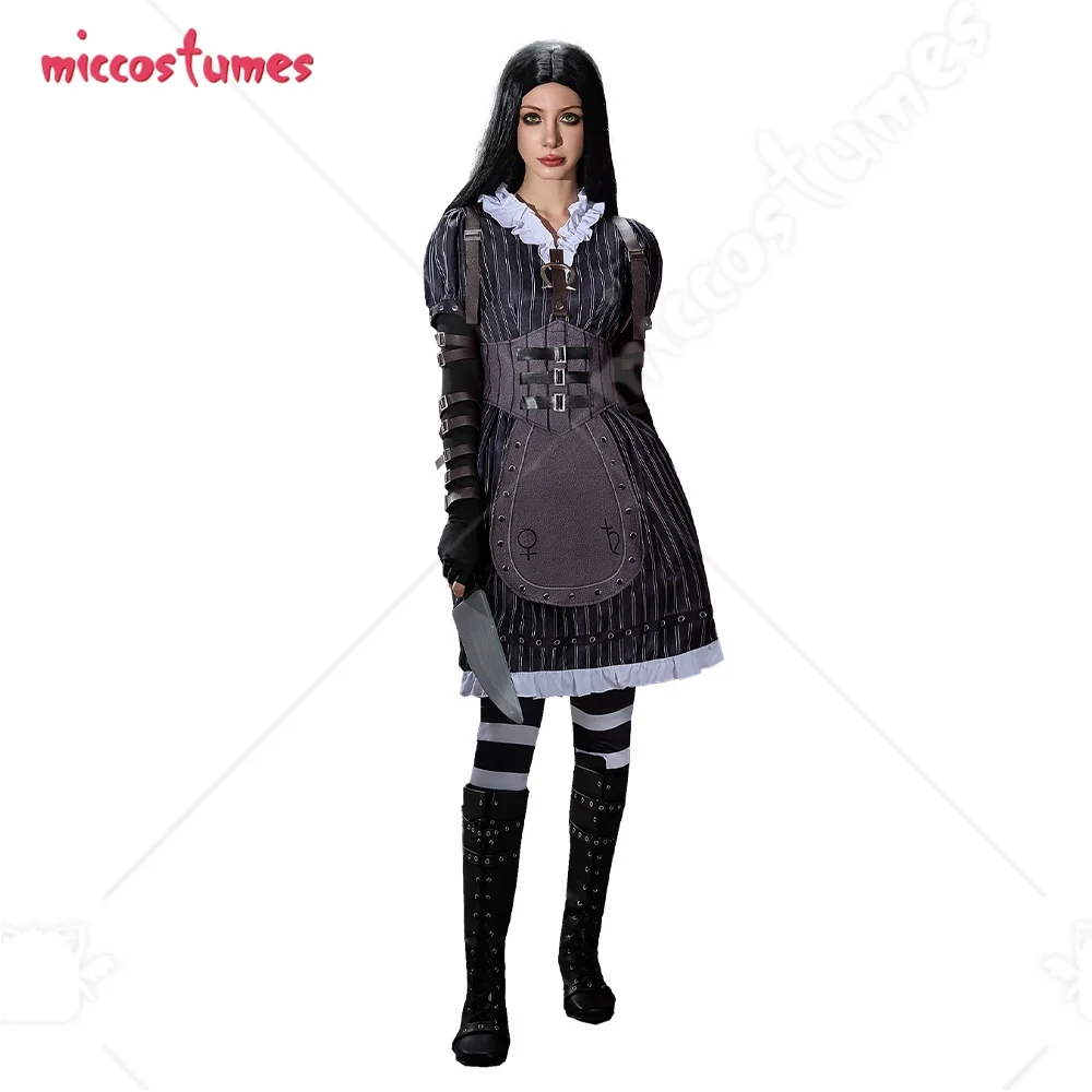 

Женский готический костюм Miccostumes для косплея, черное платье в стиле аниме, униформа с поясом и гольфами до колена для косплея на Хэллоуин