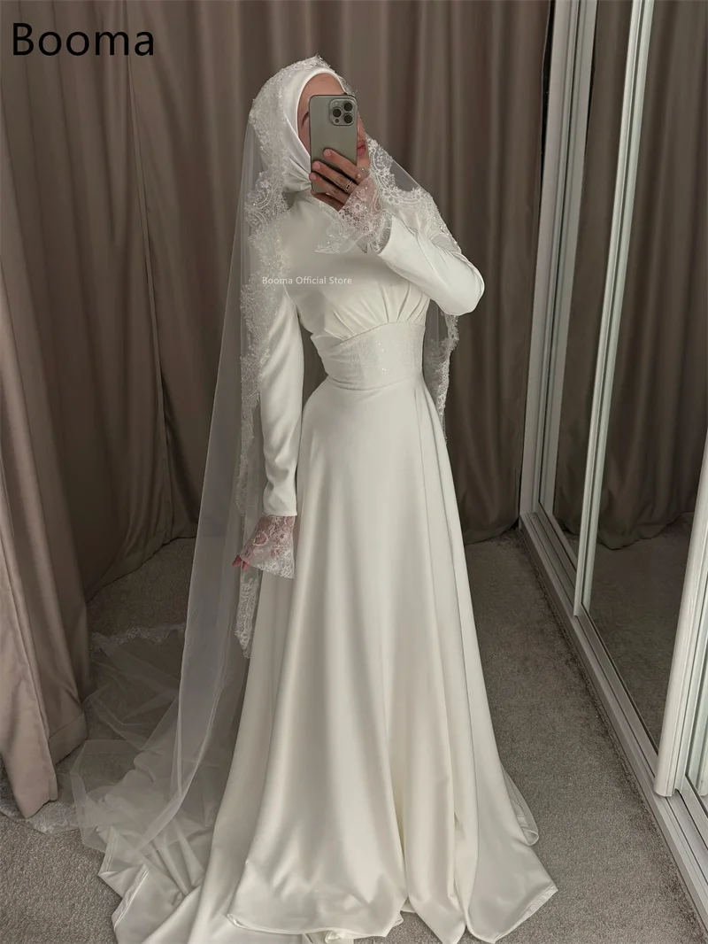 Booma-vestidos de novia elegantes de satén y encaje, corte en A, largo hasta el suelo, manga larga, hecho a medida, Arabia Saudita 2025