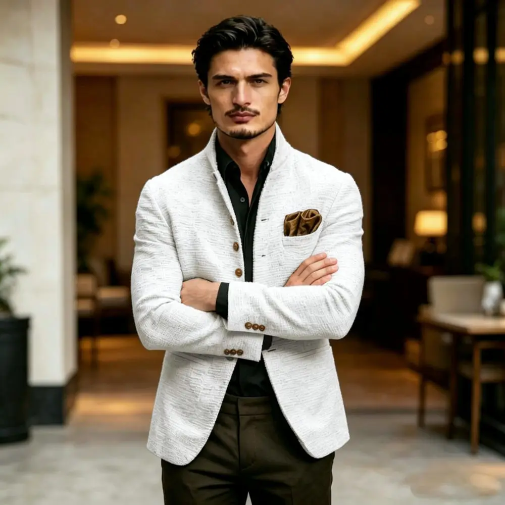 Stylish Mens Blazer Jacket Slim Fit Stand Collar Single Breasted Coat Casual Business Male Long Sleeve Outerwear