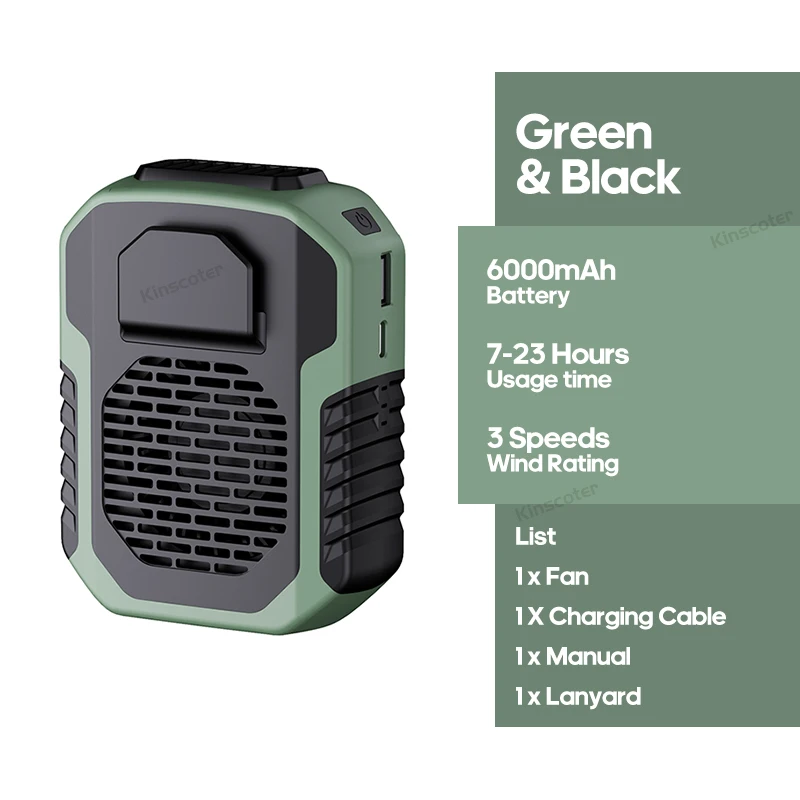 Kinscoter 6000 mAh hängender Hals-/Taillenventilator, USB-Mini-tragbarer wiederaufladbarer Ventilator für Outdoor-Camping, Wandern, Klettern, Laufen, Sport