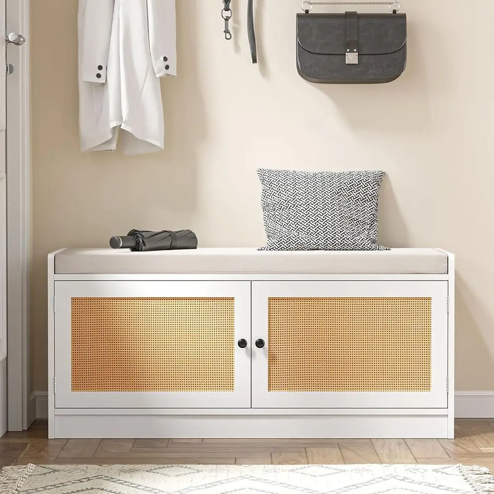 مقعد تخزين أحذية الروطان باللون الأبيض على طراز بوهو مع وسادة للممر وغرفة النوم