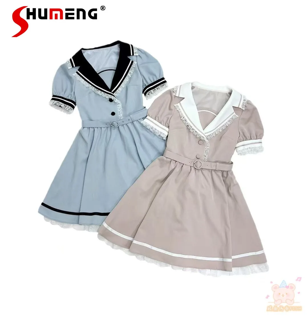 

Japanese Mine Style Mass Production Sweet Cute Lace Splicing Lapel Short Sleeve High Waist Belt A-line Lolita Short Dress Women